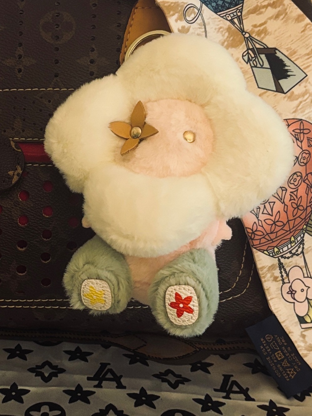 Plush Flower Keychain Charm in Cream, Pink & Sage